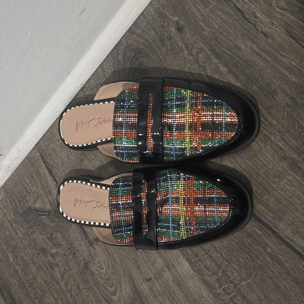Betsey Johnson slip on loafers sparkly plaid